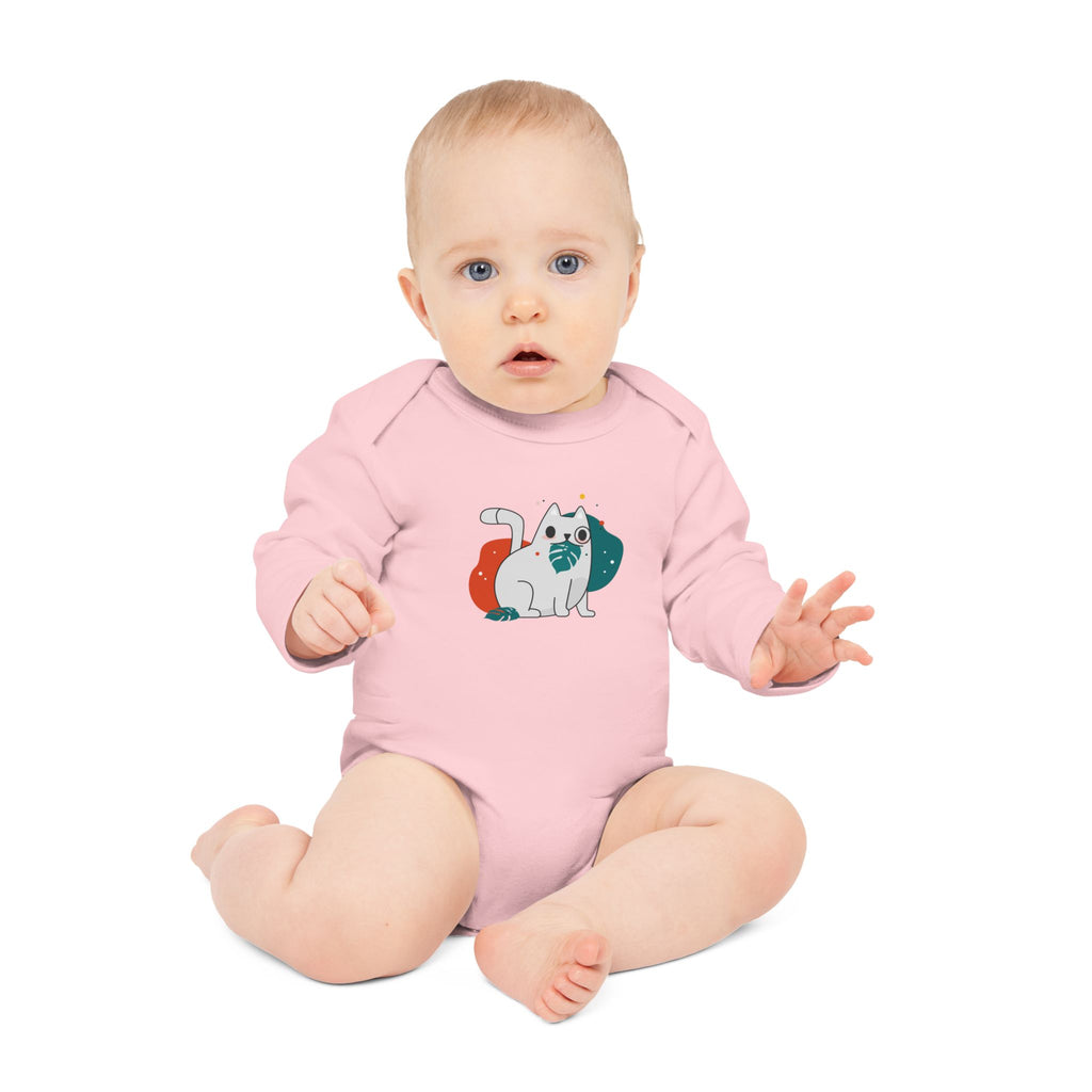 Adorable Cat Design Baby Long-Sleeve Organic Bodysuit - Perfect for Newborns