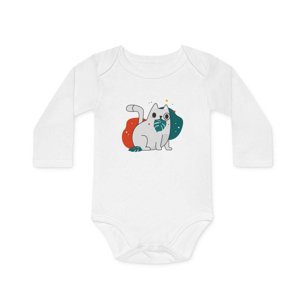 Adorable Cat Design Baby Long-Sleeve Organic Bodysuit - Perfect for Newborns