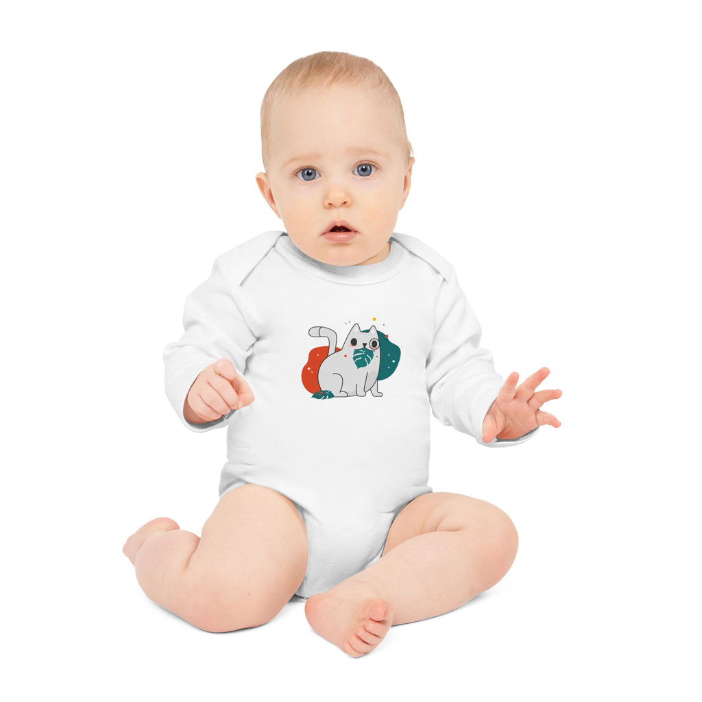 Adorable Cat Design Baby Long-Sleeve Organic Bodysuit - Perfect for Newborns