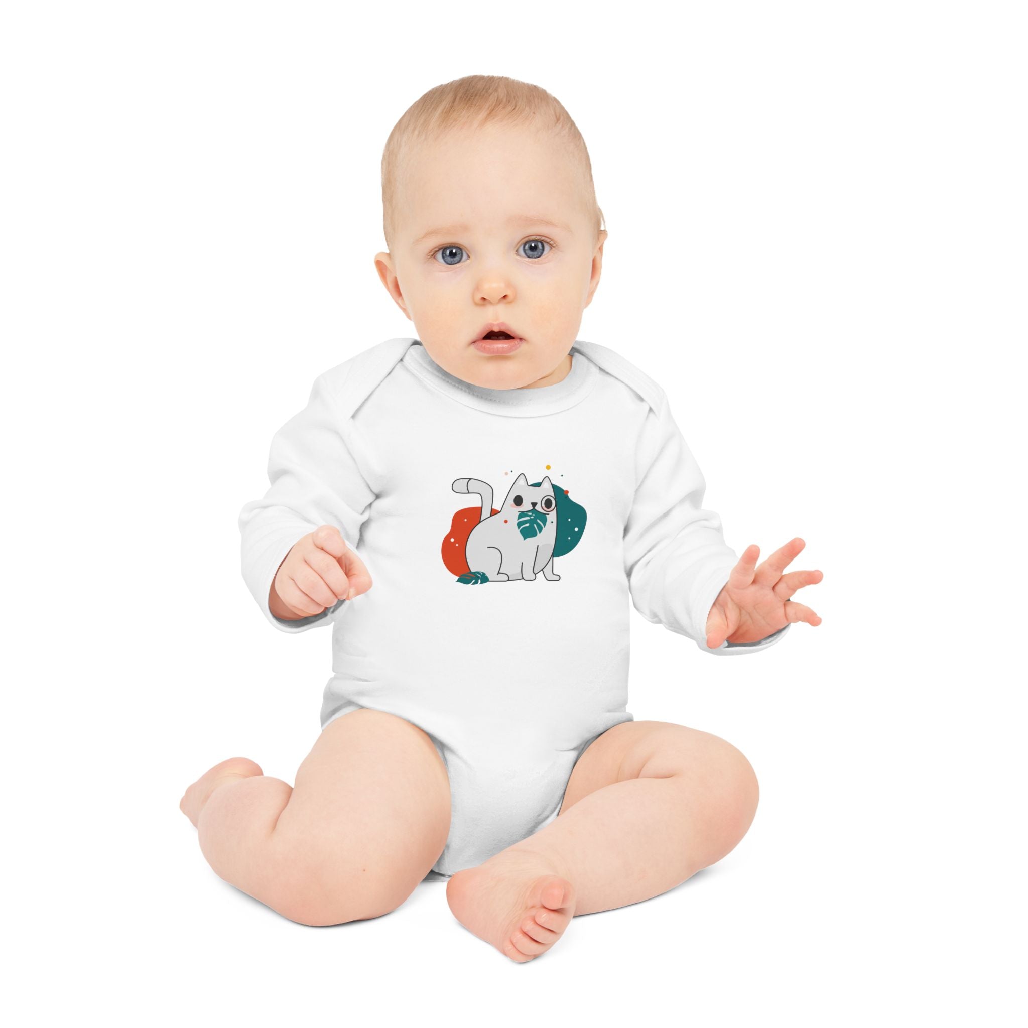 Adorable Cat Design Baby Long-Sleeve Organic Bodysuit - Perfect for Newborns