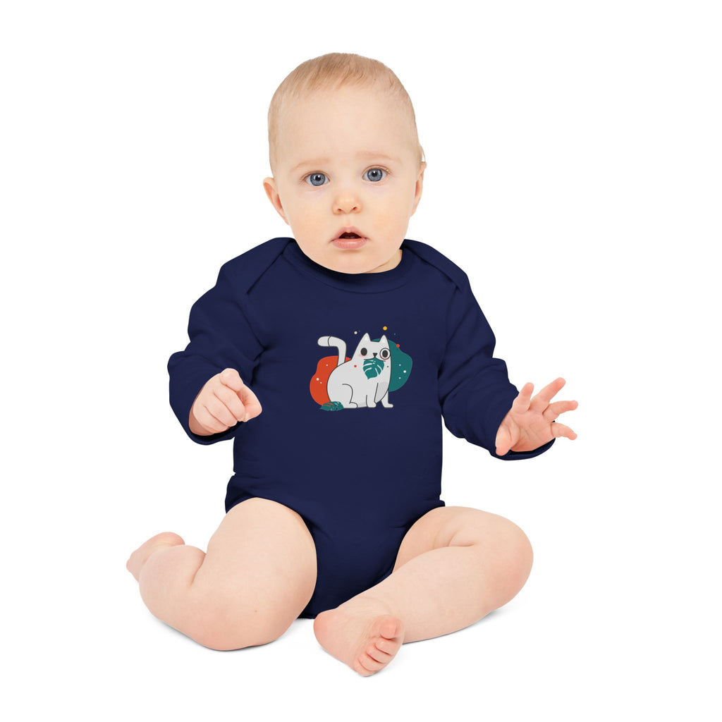 Adorable Cat Design Baby Long-Sleeve Organic Bodysuit - Perfect for Newborns