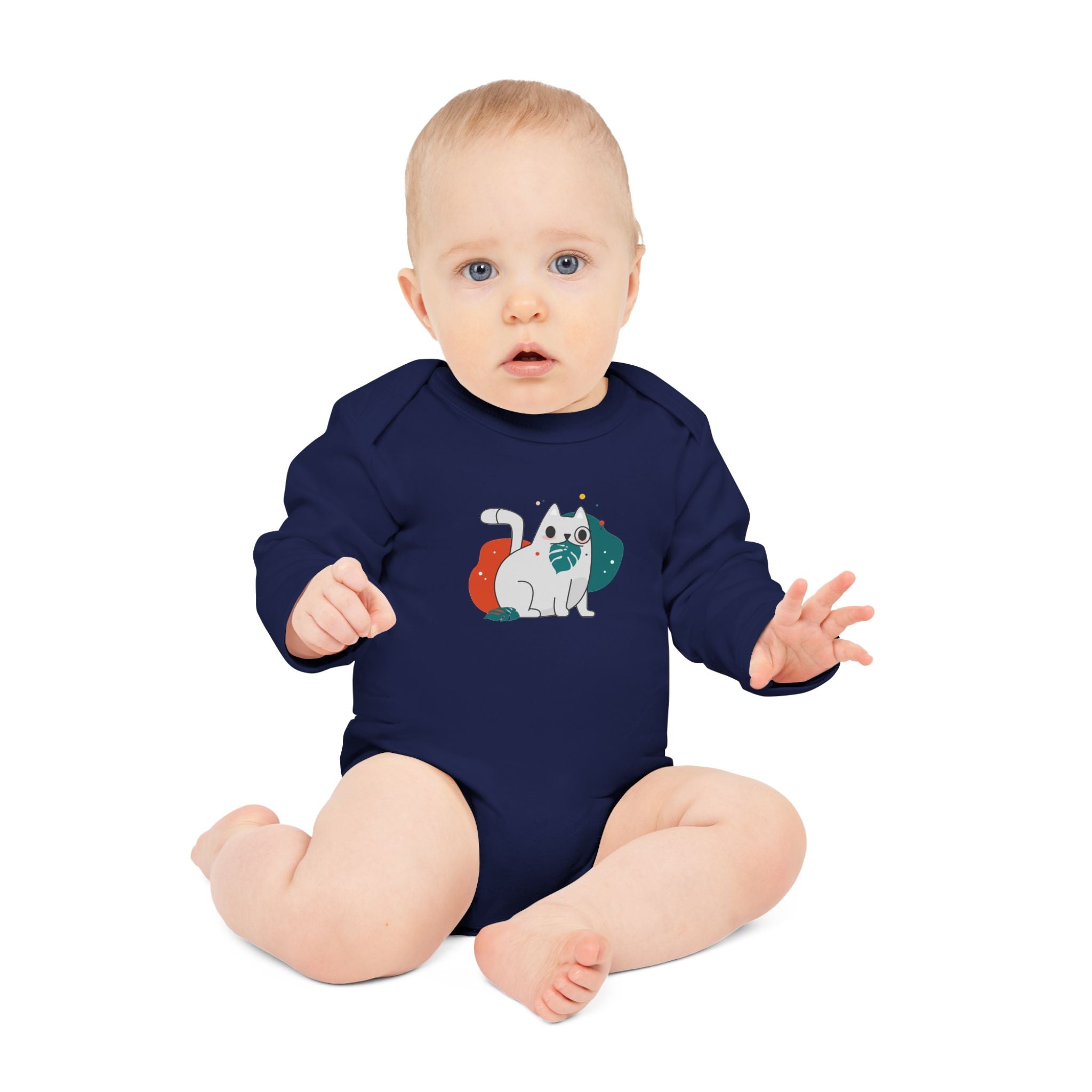 Adorable Cat Design Baby Long-Sleeve Organic Bodysuit - Perfect for Newborns