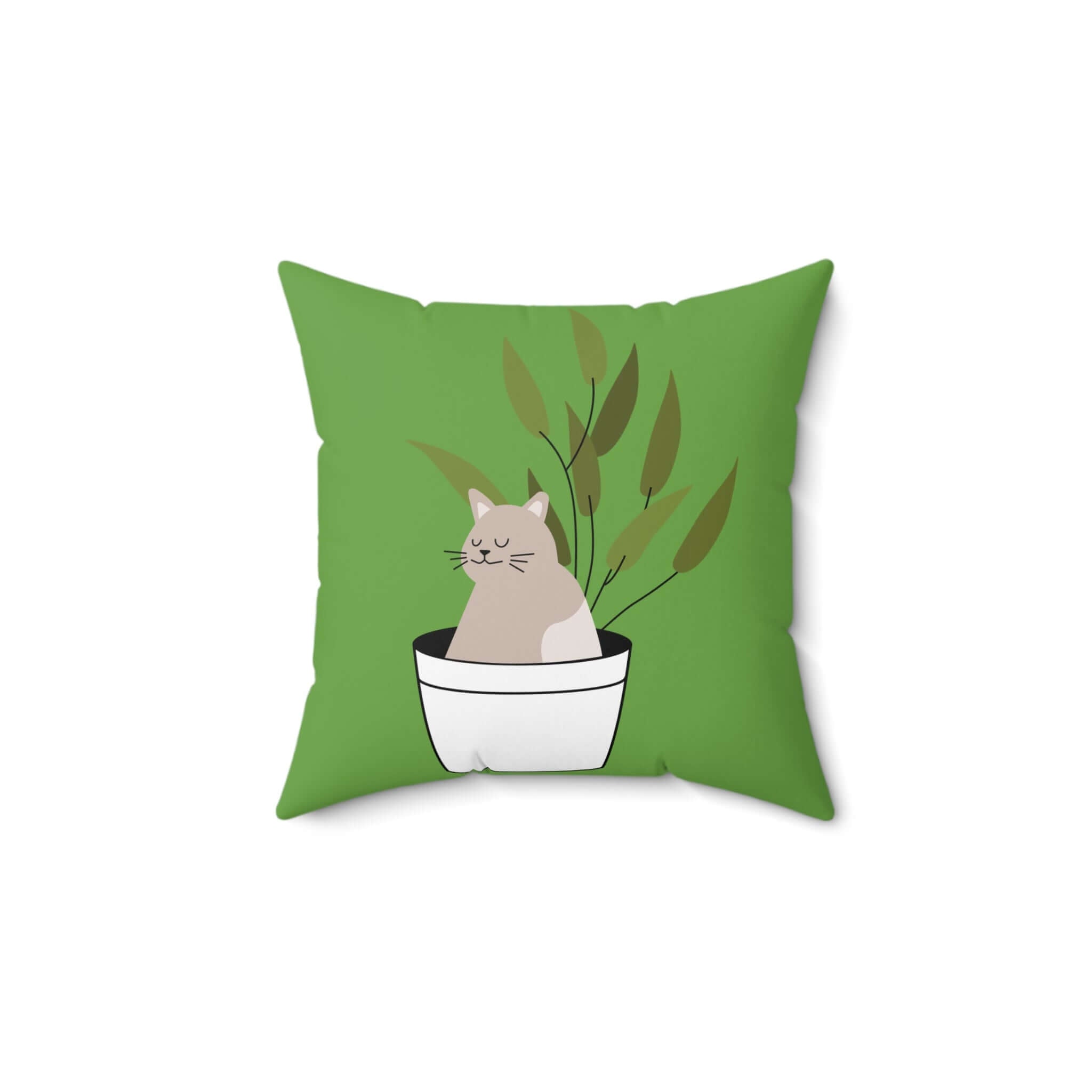 Coussin carré avec un chat mignon dans des plantes - Décor confortable pour les amoureux des chats.