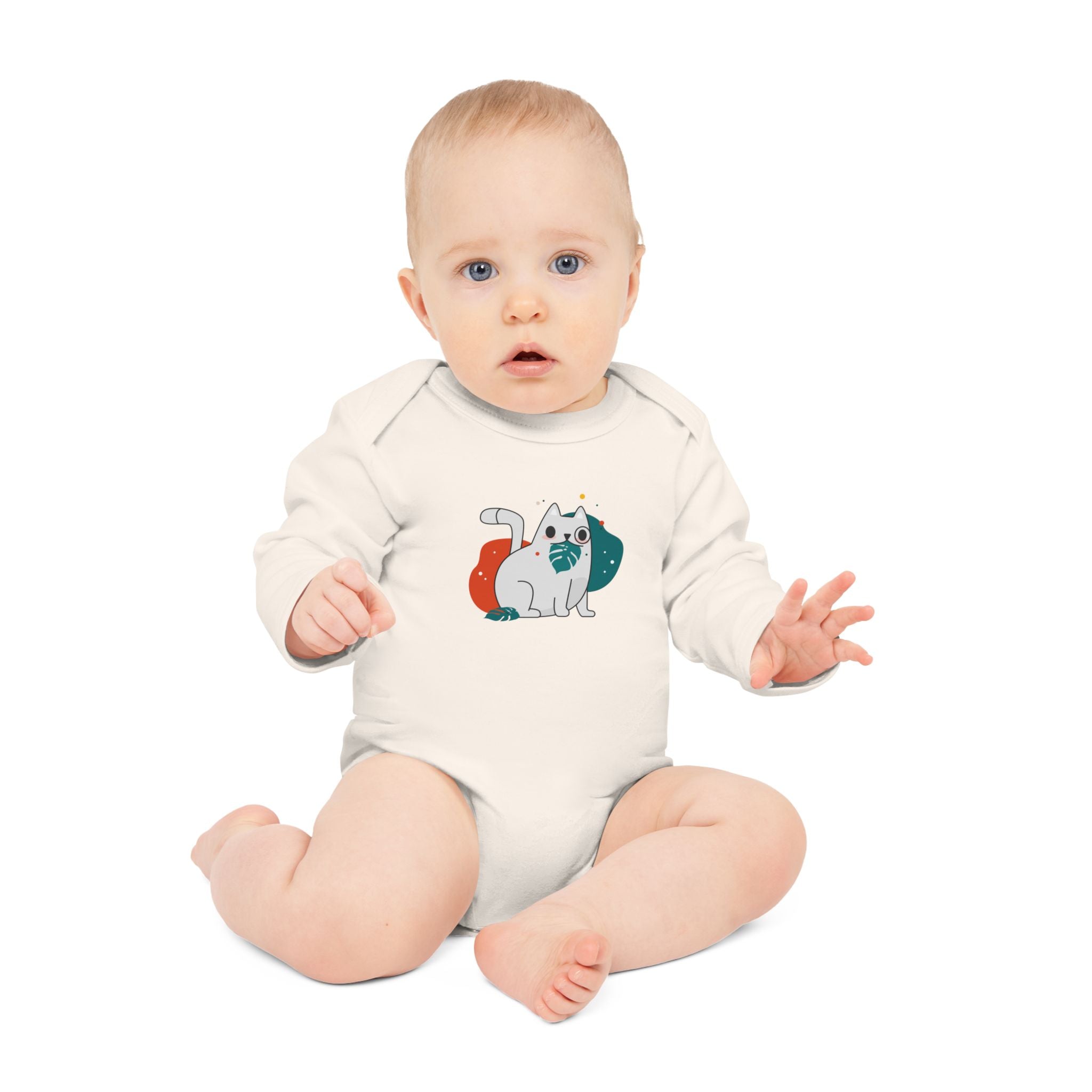 Adorable Cat Design Baby Long-Sleeve Organic Bodysuit - Perfect for Newborns