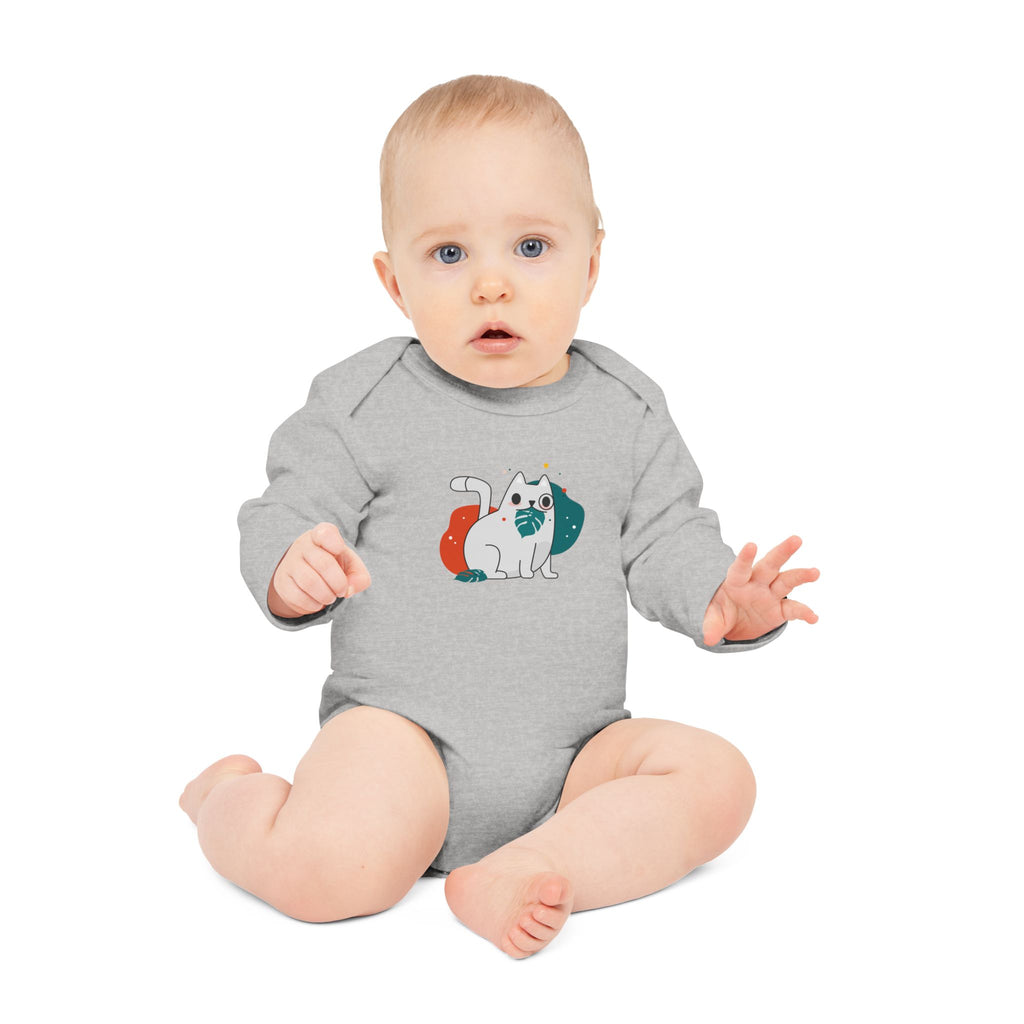 Adorable Cat Design Baby Long-Sleeve Organic Bodysuit - Perfect for Newborns