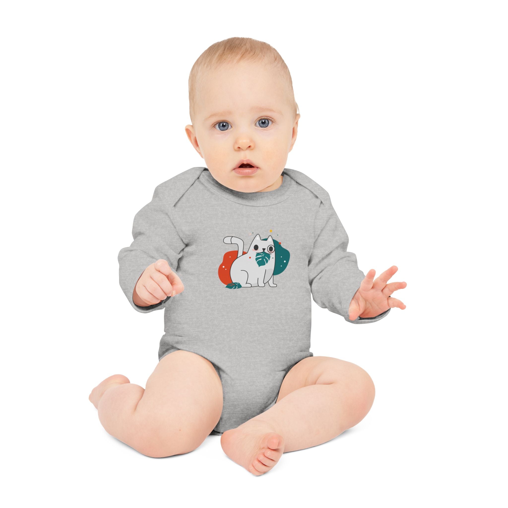 Adorable Cat Design Baby Long-Sleeve Organic Bodysuit - Perfect for Newborns