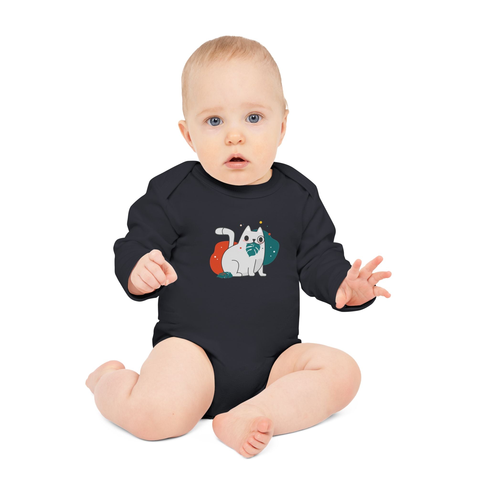 Adorable Cat Design Baby Long-Sleeve Organic Bodysuit - Perfect for Newborns