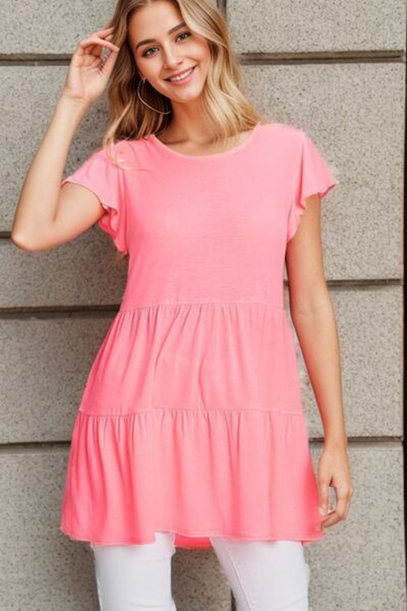 Heimish Full Size Tiered round Neck Ruffle Sleeve Top plus Size